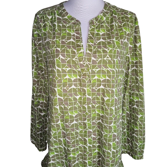 Jessica Simpson Green Brown Cotton Geometric Print Dress Sz M Ruffle Hem READ - Picture 2 of 14